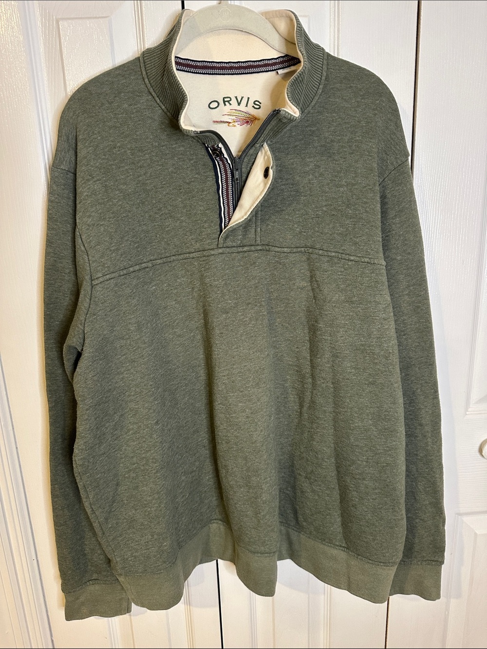 Orvis Men's Olive Zip-Neck Sweater with Contrast Stand Collar | XL